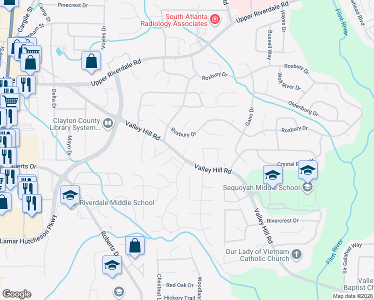 map of restaurants, bars, coffee shops, grocery stores, and more near 230 Valley Hill Road in Riverdale