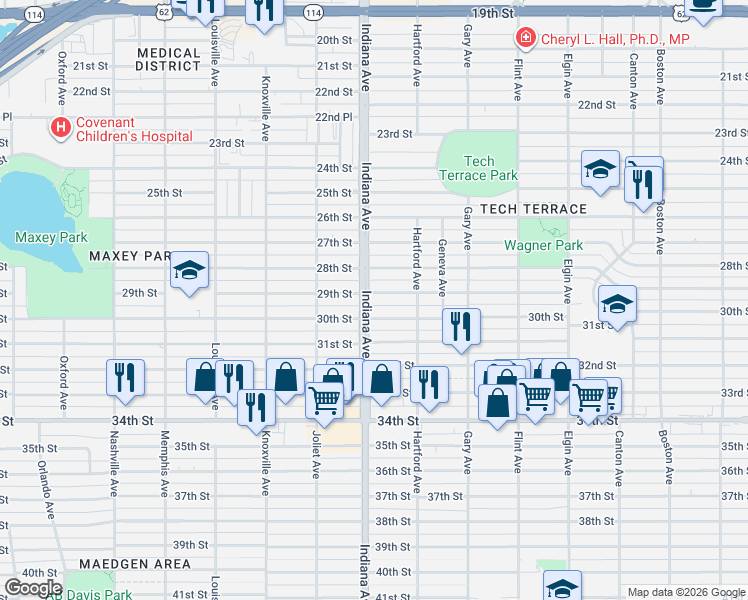 map of restaurants, bars, coffee shops, grocery stores, and more near 3318 30th Street in Lubbock