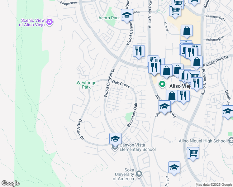map of restaurants, bars, coffee shops, grocery stores, and more near 5 Sherrelwood Court in Aliso Viejo