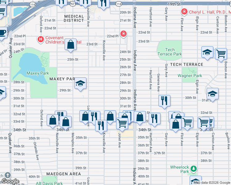 map of restaurants, bars, coffee shops, grocery stores, and more near 3506 30th Street in Lubbock