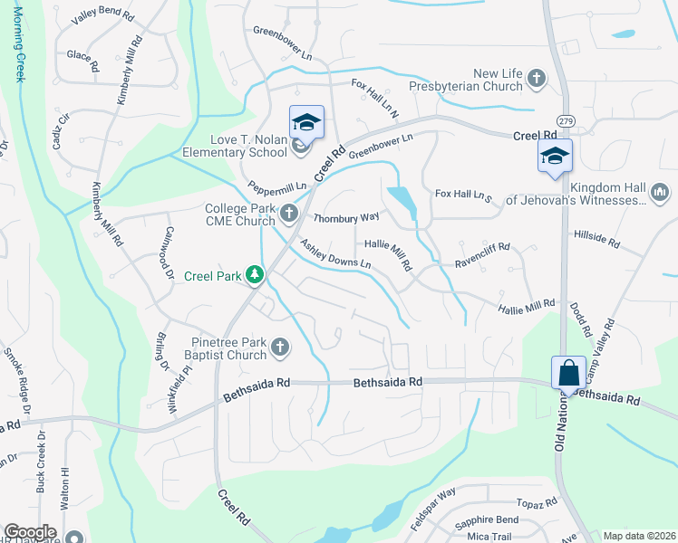 map of restaurants, bars, coffee shops, grocery stores, and more near 1612 Pine Tree Trail in College Park