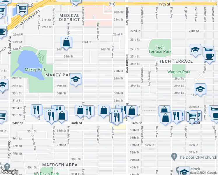 map of restaurants, bars, coffee shops, grocery stores, and more near 3505 29th Street in Lubbock