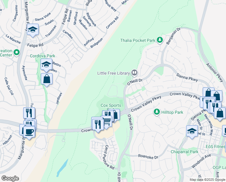 map of restaurants, bars, coffee shops, grocery stores, and more near 1 McGwire Road in Mission Viejo