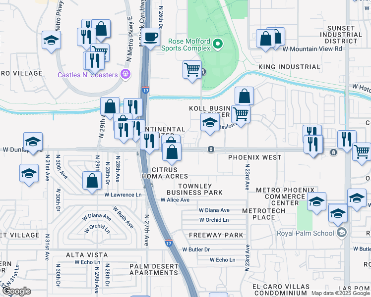 map of restaurants, bars, coffee shops, grocery stores, and more near 2512 West Dunlap Avenue in Phoenix