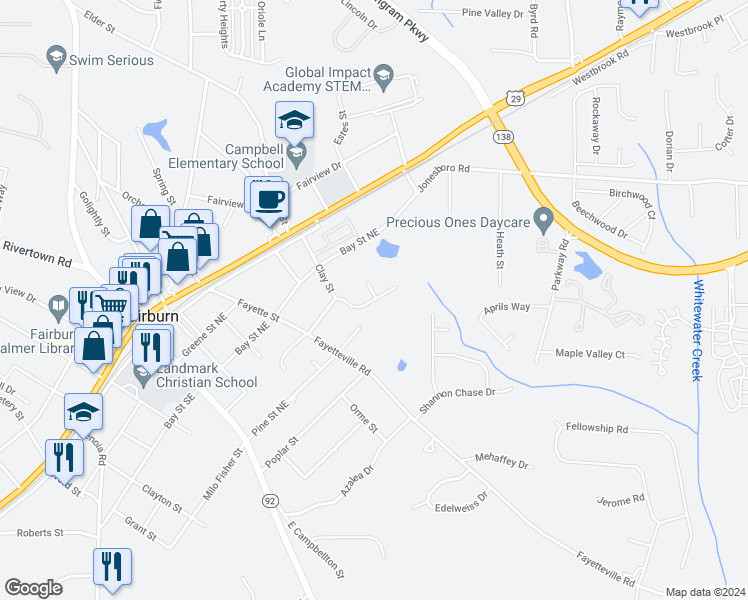 map of restaurants, bars, coffee shops, grocery stores, and more near 152 Summerwood Drive in Fairburn