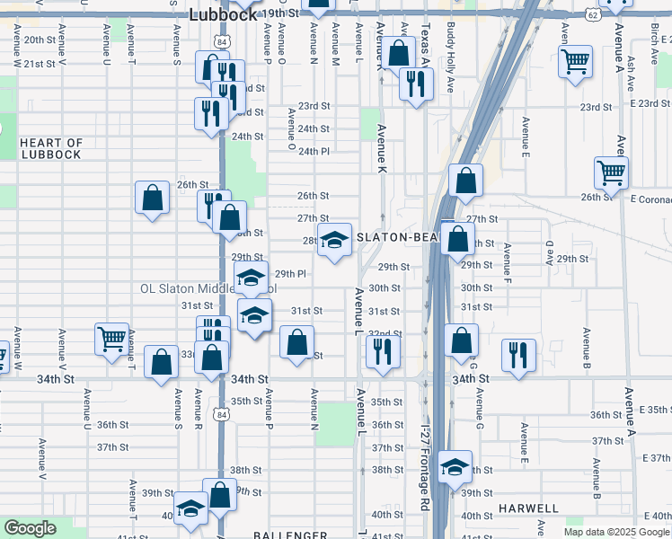 map of restaurants, bars, coffee shops, grocery stores, and more near 3001 Avenue N in Lubbock