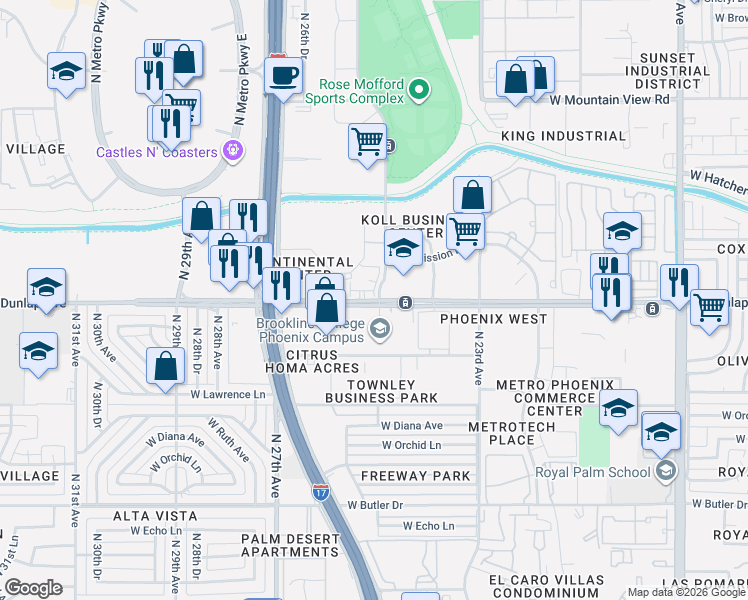 map of restaurants, bars, coffee shops, grocery stores, and more near West Dunlap Avenue in Phoenix
