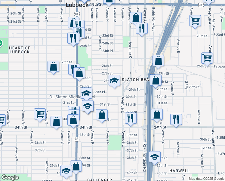 map of restaurants, bars, coffee shops, grocery stores, and more near 3001 Avenue N in Lubbock