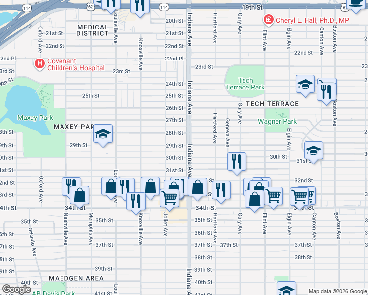 map of restaurants, bars, coffee shops, grocery stores, and more near 3414 30th Street in Lubbock