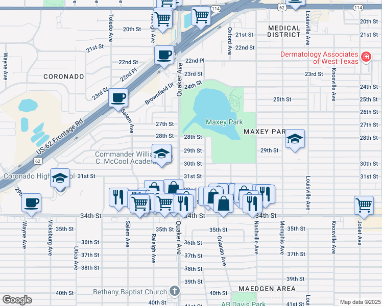 map of restaurants, bars, coffee shops, grocery stores, and more near 4312 30th Street in Lubbock