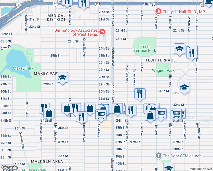 map of restaurants, bars, coffee shops, grocery stores, and more near 3414 30th Street in Lubbock