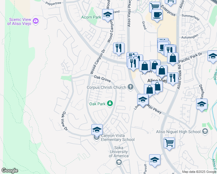 map of restaurants, bars, coffee shops, grocery stores, and more near 14 Rowan Drive in Aliso Viejo