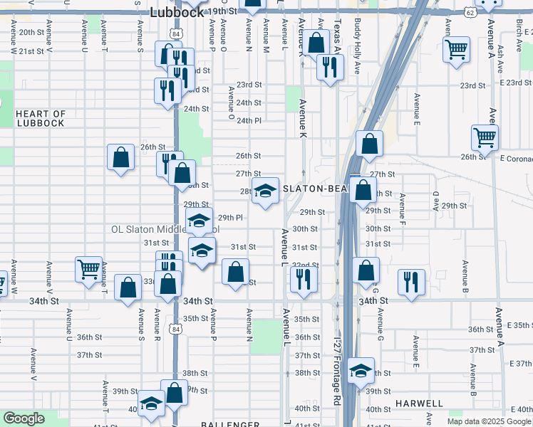 map of restaurants, bars, coffee shops, grocery stores, and more near 1307 30th Street in Lubbock