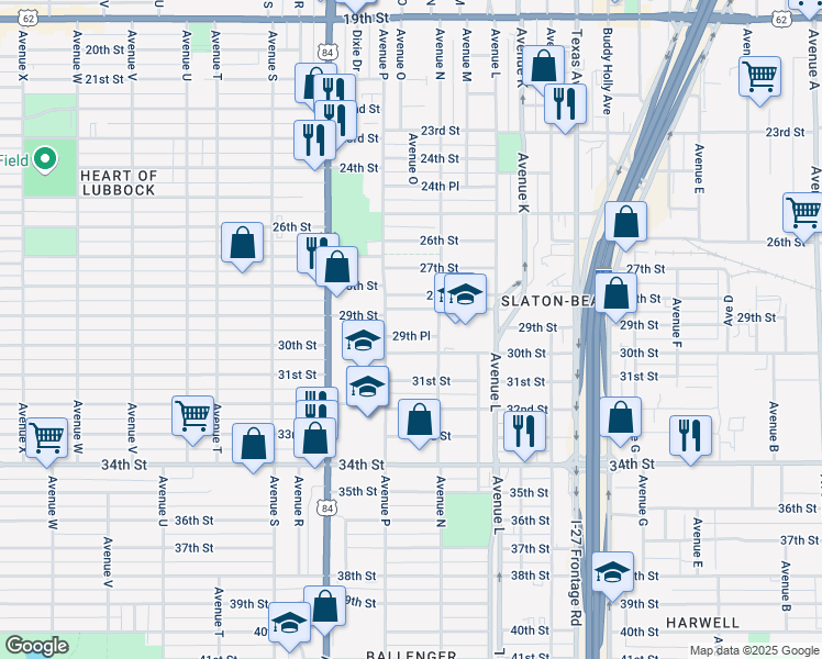 map of restaurants, bars, coffee shops, grocery stores, and more near 1508 30th Street in Lubbock
