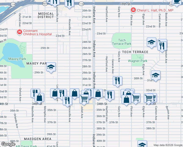 map of restaurants, bars, coffee shops, grocery stores, and more near 3414 30th Street in Lubbock