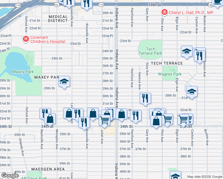 map of restaurants, bars, coffee shops, grocery stores, and more near 3414 30th Street in Lubbock
