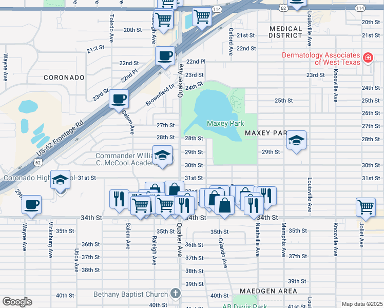 map of restaurants, bars, coffee shops, grocery stores, and more near 4312 30th Street in Lubbock
