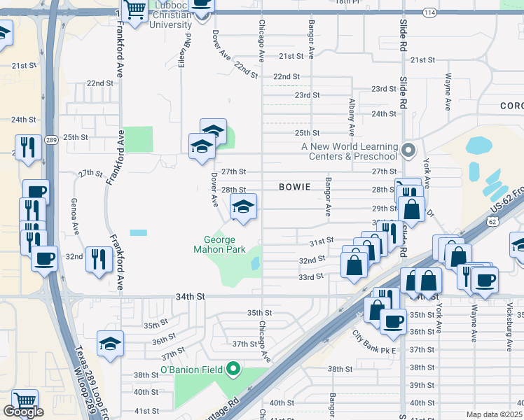 map of restaurants, bars, coffee shops, grocery stores, and more near 5428 30th Street in Lubbock