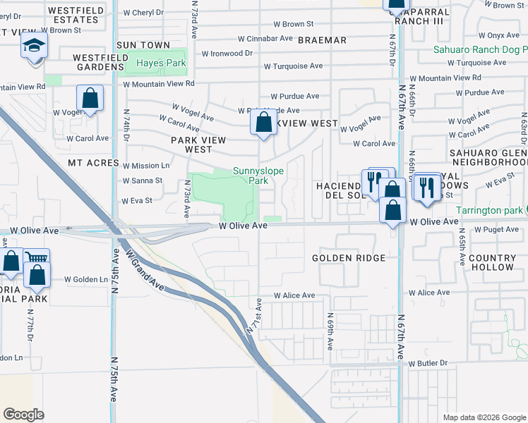 map of restaurants, bars, coffee shops, grocery stores, and more near in Peoria