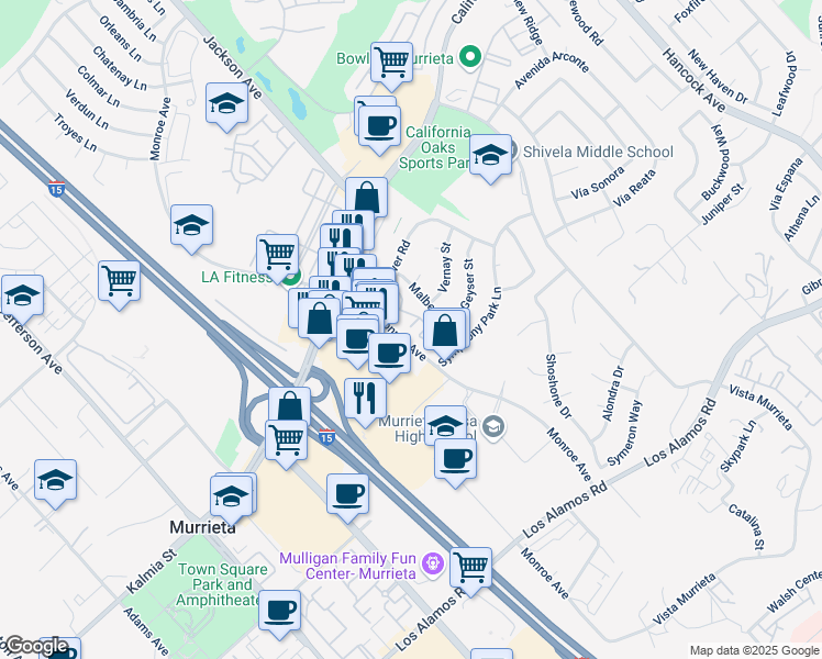 map of restaurants, bars, coffee shops, grocery stores, and more near 24671 Monroe Avenue in Murrieta