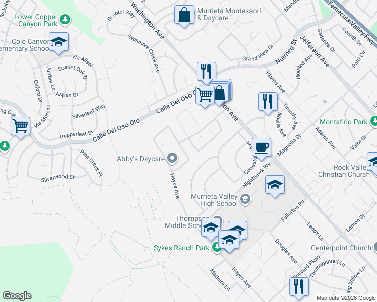 map of restaurants, bars, coffee shops, grocery stores, and more near 42336 Wildwood Lane in Murrieta