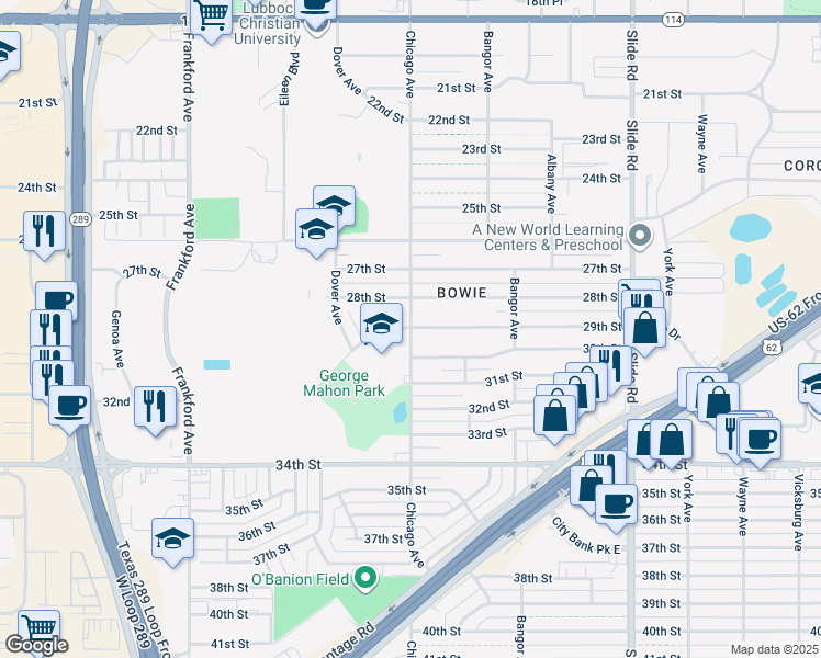 map of restaurants, bars, coffee shops, grocery stores, and more near 2902 Chicago Avenue in Lubbock