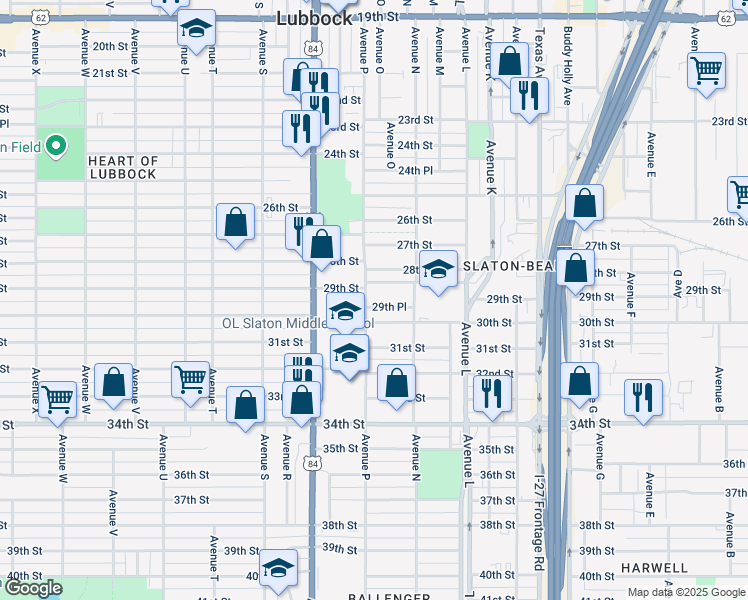 map of restaurants, bars, coffee shops, grocery stores, and more near 1526 29th Place in Lubbock