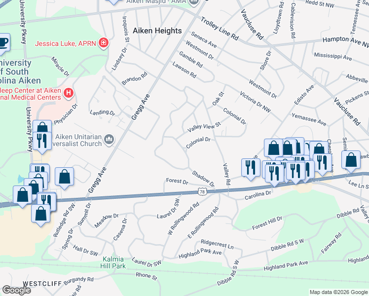 map of restaurants, bars, coffee shops, grocery stores, and more near Colonial Drive Northwest in Aiken