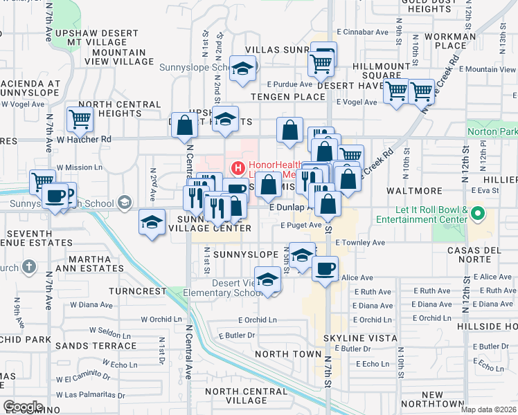 map of restaurants, bars, coffee shops, grocery stores, and more near N 3rd St & E Dunlap Ave in Phoenix