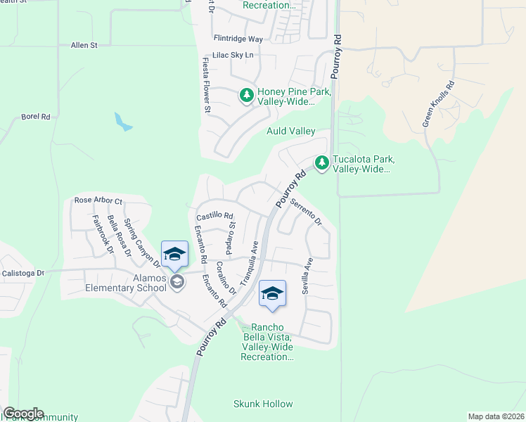 map of restaurants, bars, coffee shops, grocery stores, and more near 38009 Posada Circle in Murrieta