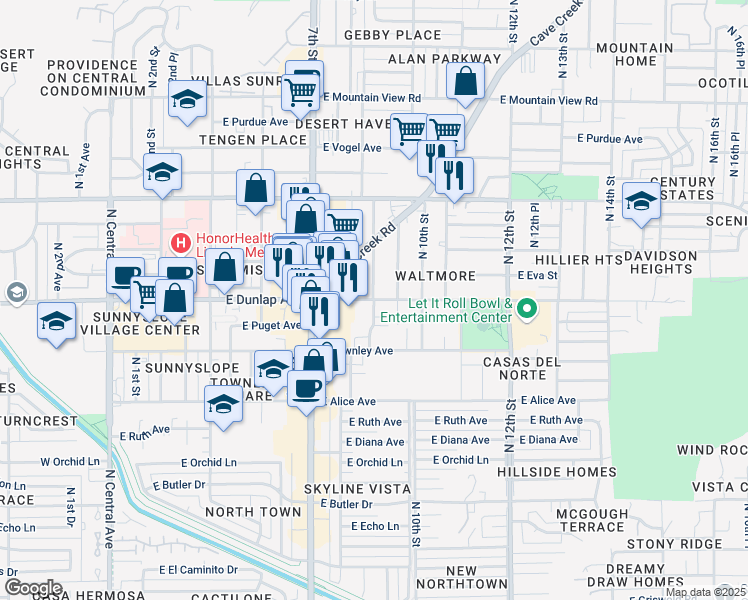 map of restaurants, bars, coffee shops, grocery stores, and more near E Dunlap Ave & N 8th St in Phoenix