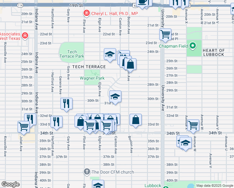 map of restaurants, bars, coffee shops, grocery stores, and more near 2715 29th Street in Lubbock