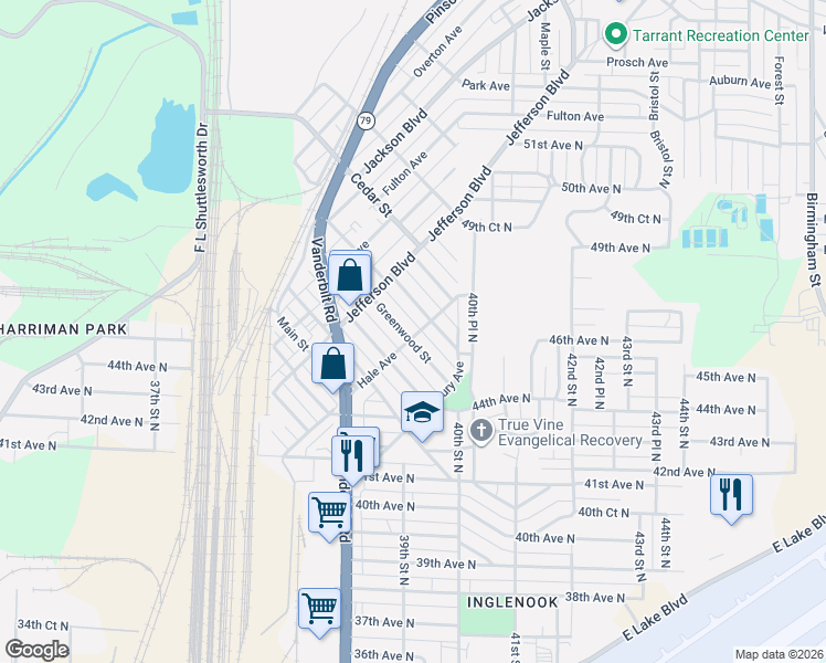 map of restaurants, bars, coffee shops, grocery stores, and more near 4320 Pulaski Street in Birmingham