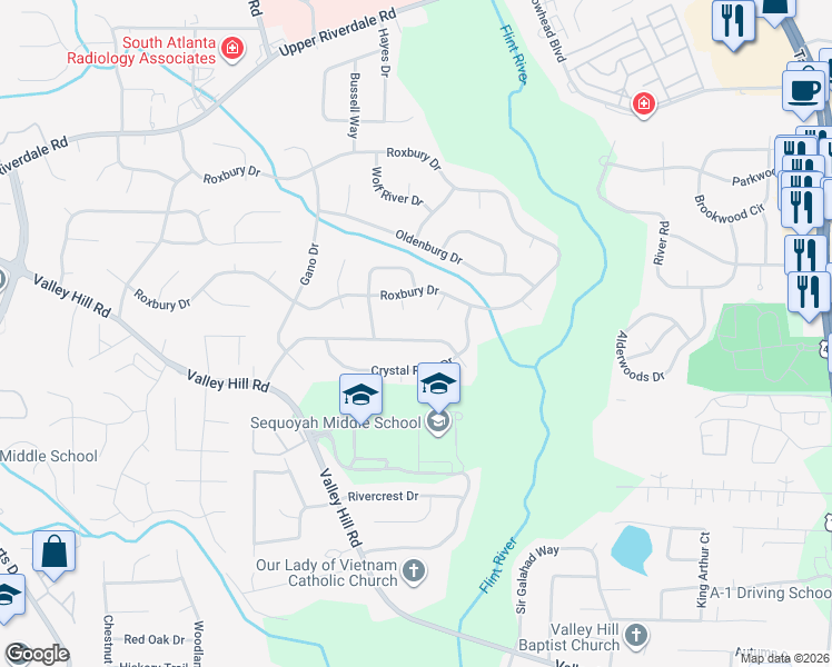 map of restaurants, bars, coffee shops, grocery stores, and more near 6787 D'Nae Court in Riverdale