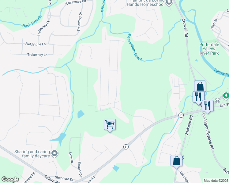 map of restaurants, bars, coffee shops, grocery stores, and more near 65 Heaton Place Trail in Covington
