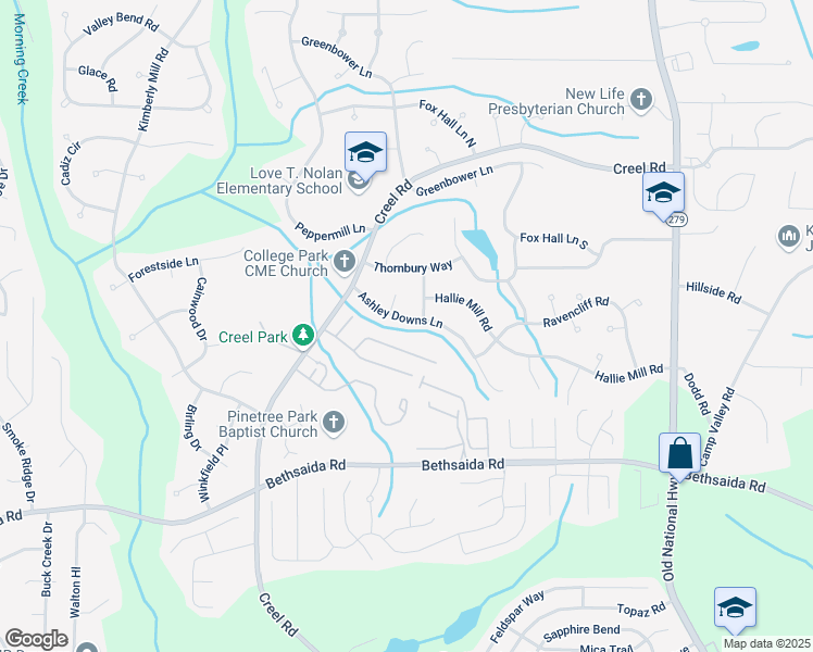 map of restaurants, bars, coffee shops, grocery stores, and more near 2740 Ashley Downs Lane in Atlanta