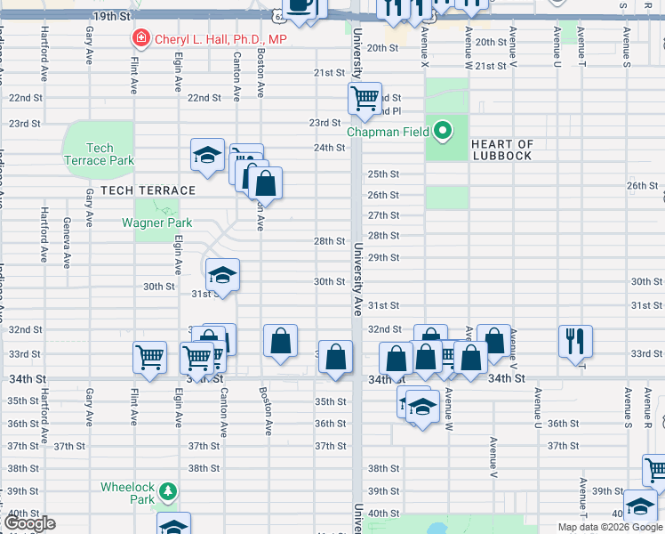 map of restaurants, bars, coffee shops, grocery stores, and more near 2505 28th Street in Lubbock