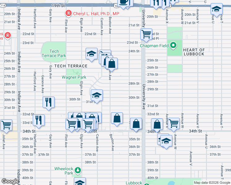 map of restaurants, bars, coffee shops, grocery stores, and more near 2615 28th Street in Lubbock