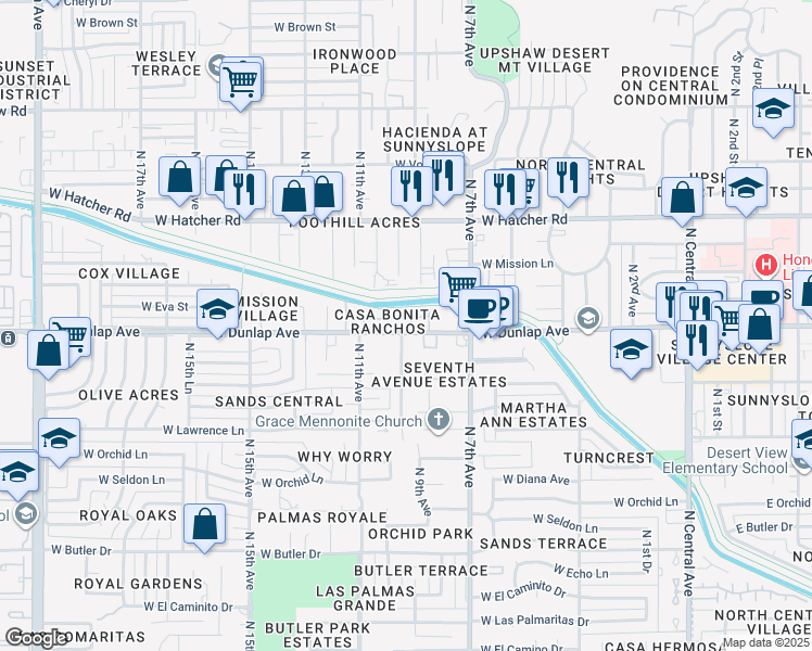 map of restaurants, bars, coffee shops, grocery stores, and more near 935 West Mission Lane in Phoenix