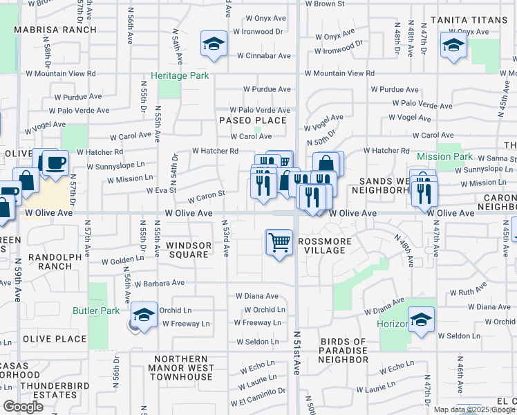 map of restaurants, bars, coffee shops, grocery stores, and more near 9030 North 51st Lane in Glendale