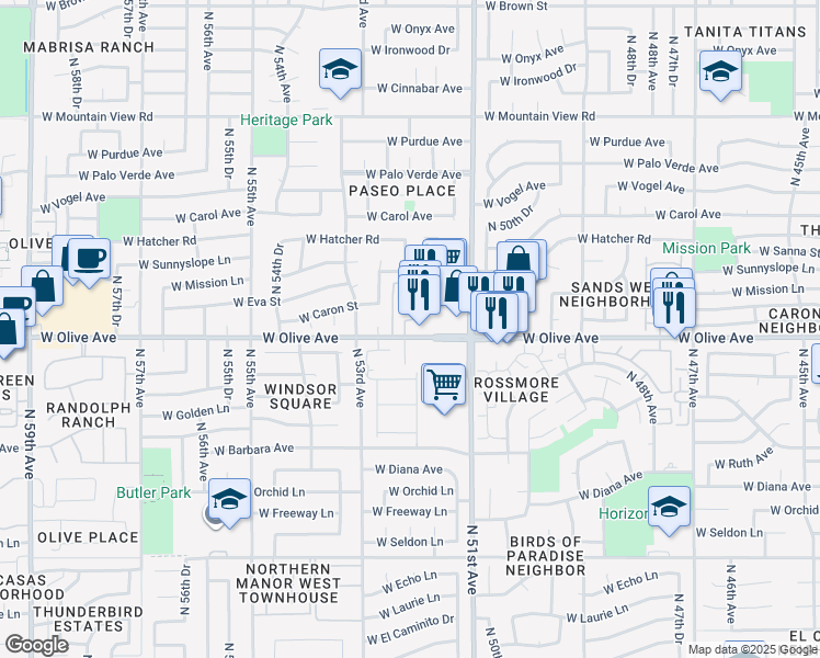 map of restaurants, bars, coffee shops, grocery stores, and more near 9030 North 51st Lane in Glendale