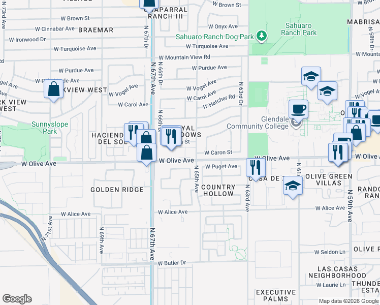 map of restaurants, bars, coffee shops, grocery stores, and more near 6517 West Eva Street in Glendale