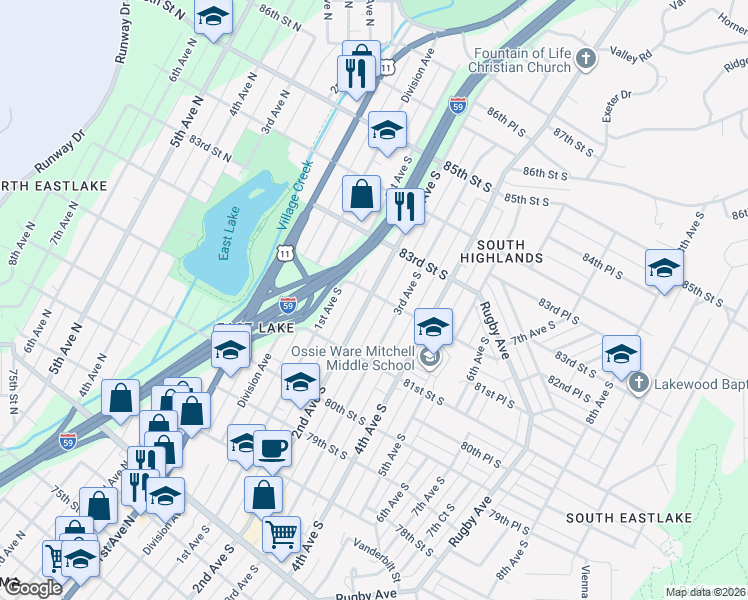 map of restaurants, bars, coffee shops, grocery stores, and more near in Birmingham