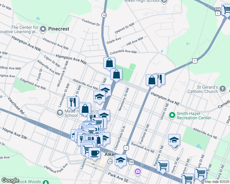 map of restaurants, bars, coffee shops, grocery stores, and more near 438 Laurens Street Northwest in Aiken