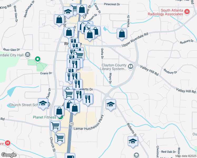 map of restaurants, bars, coffee shops, grocery stores, and more near 6848 Sandy Creek Drive in Riverdale