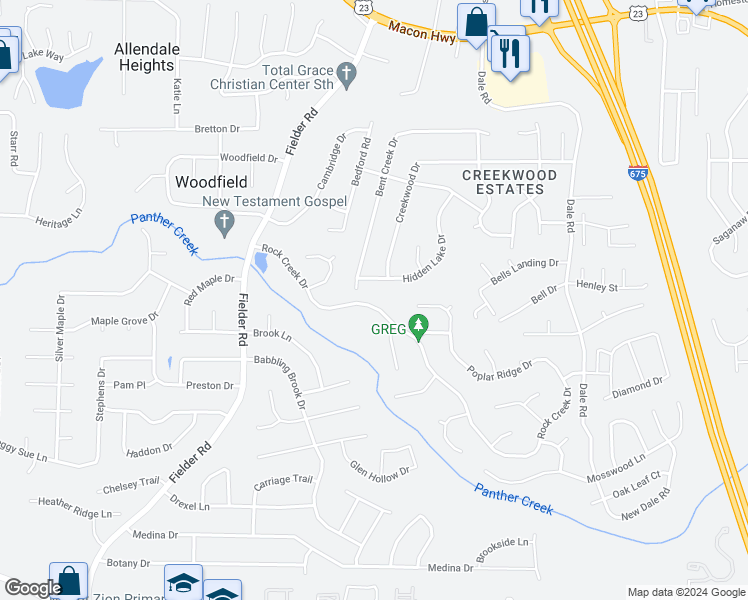 map of restaurants, bars, coffee shops, grocery stores, and more near 3176 Rock Creek Drive in Rex