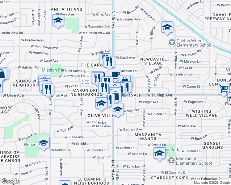 map of restaurants, bars, coffee shops, grocery stores, and more near 4312 West Olive Avenue in Glendale