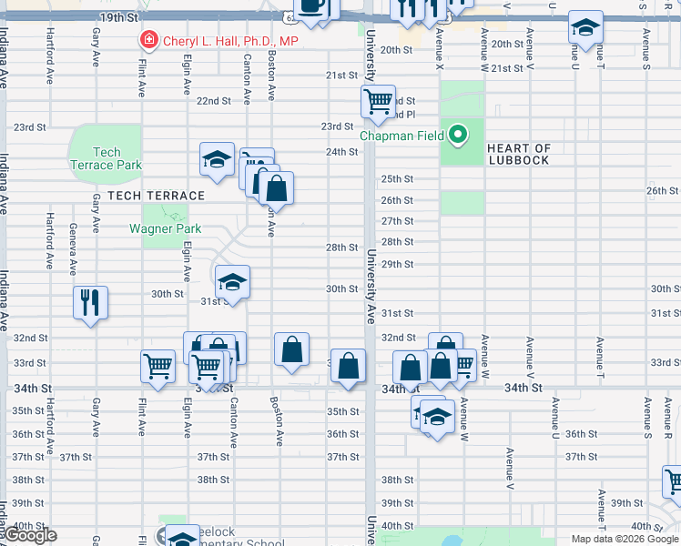 map of restaurants, bars, coffee shops, grocery stores, and more near 2601 28th Street in Lubbock