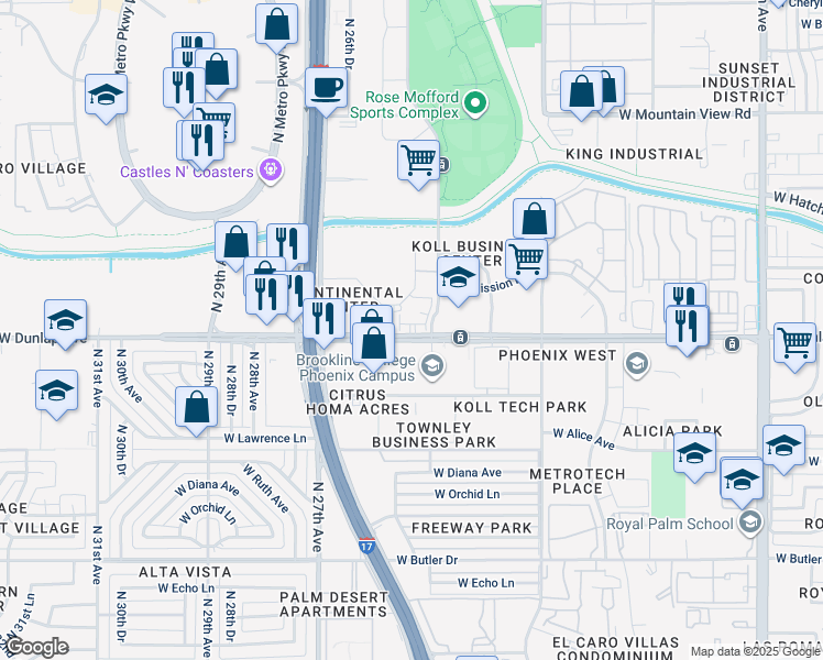 map of restaurants, bars, coffee shops, grocery stores, and more near 2506 West Dunlap Avenue in Phoenix