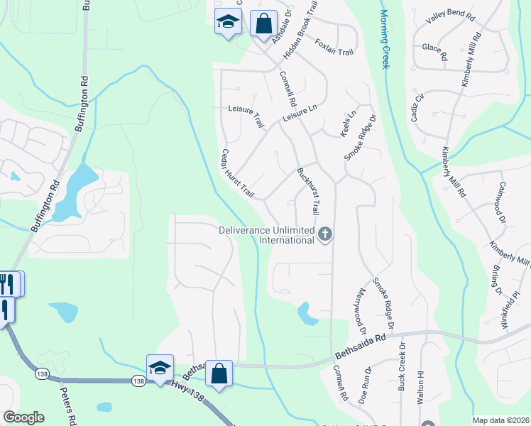 map of restaurants, bars, coffee shops, grocery stores, and more near 6530 Woodford Road in Atlanta